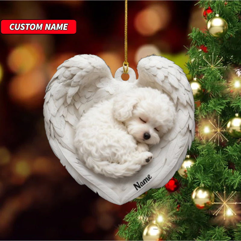 Personalized Bichon Frise Dog Sleeping Angel Wings Ornament, Dog Christmas Ornament Gift, Car Ornament, Gift For Pet Lovers