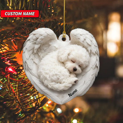Personalized Bichon Frise Dog Sleeping Angel Wings Ornament, Dog Christmas Ornament Gift, Car Ornament, Gift For Pet Lovers
