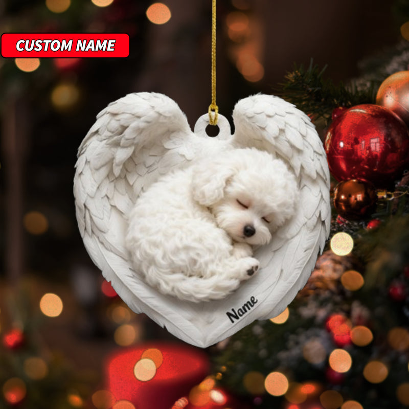 Personalized Bichon Frise Dog Sleeping Angel Wings Ornament, Dog Christmas Ornament Gift, Car Ornament, Gift For Pet Lovers