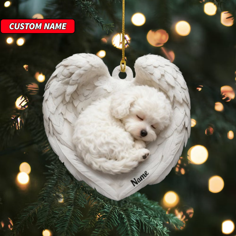 Personalized Bichon Frise Dog Sleeping Angel Wings Ornament, Dog Christmas Ornament Gift, Car Ornament, Gift For Pet Lovers