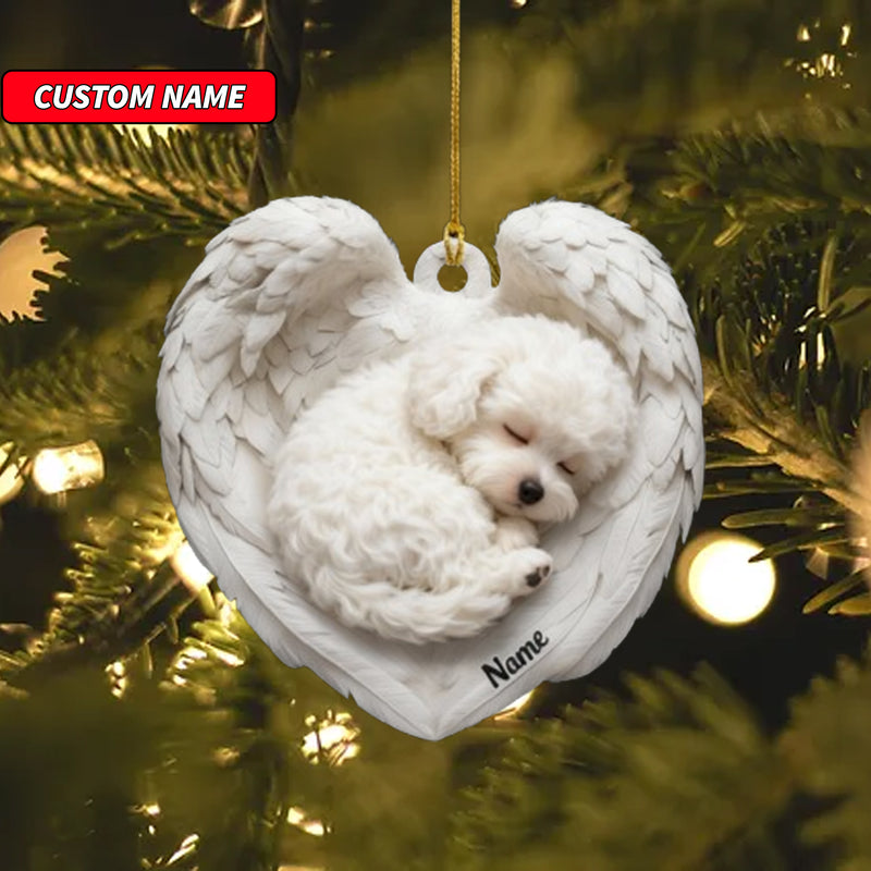 Personalized Bichon Frise Dog Sleeping Angel Wings Ornament, Dog Christmas Ornament Gift, Car Ornament, Gift For Pet Lovers