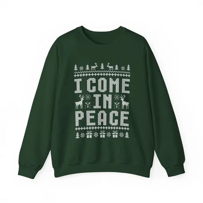 Funny ugly Christmas sweatshirts for couples, cute matching holiday outfits, plus 'I Come in Peace' sweatshirt for festive style