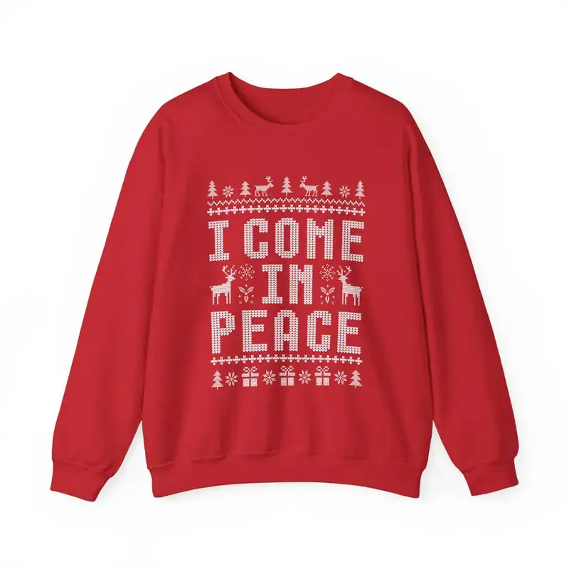Funny ugly Christmas sweatshirts for couples, cute matching holiday outfits, plus 'I Come in Peace' sweatshirt for festive style