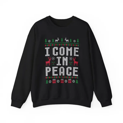 Funny ugly Christmas sweatshirts for couples, cute matching holiday outfits, plus 'I Come in Peace' sweatshirt for festive style