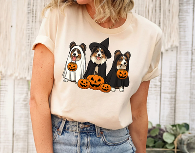 Ghost And Witch Miniature American Shepherd Dog Halloween Shirt, Retro Halloween Shirt, Dog Lover Gift, Ghost Dog Tee