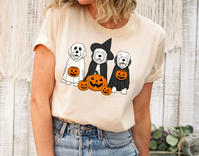 Ghost And Witch Old English Sheepdog Halloween Shirt, Retro Halloween Shirt, Dog Lover Gift, Ghost Dog Tee