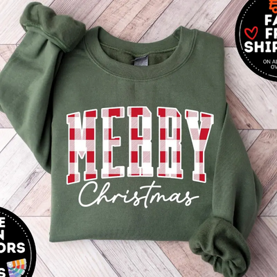 Merry Christmas Sweatshirt, Buffalo Plaid Sweater, Christmas Family crewneck, Xmas Gift Idea, Woman Xmas Shirt, Cute Winter Holiday Sweatshirt