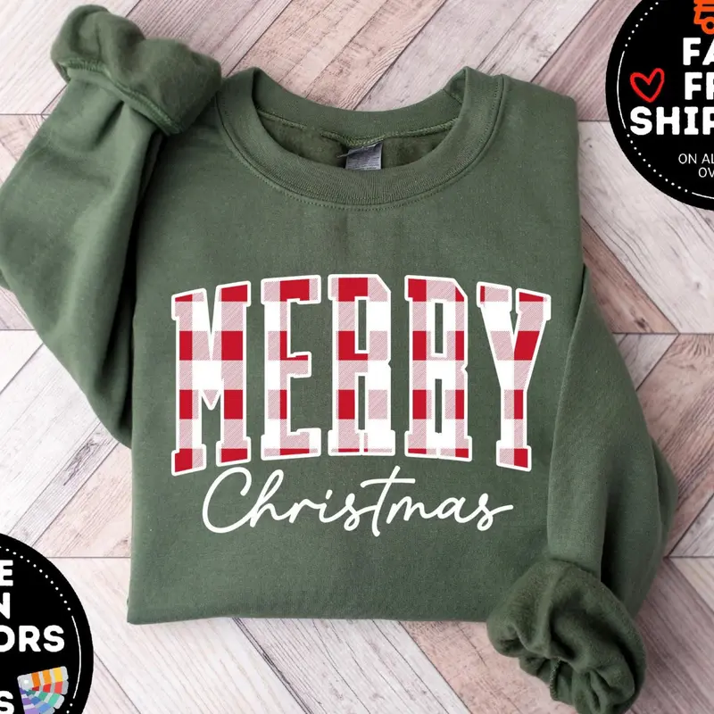 Merry Christmas Sweatshirt, Buffalo Plaid Sweater, Christmas Family crewneck, Xmas Gift Idea, Woman Xmas Shirt, Cute Winter Holiday Sweatshirt