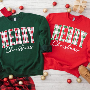 Merry Christmas Sweatshirt, Buffalo Plaid Sweater, Christmas Family crewneck, Xmas Gift Idea, Woman Xmas Shirt, Cute Winter Holiday Sweatshirt