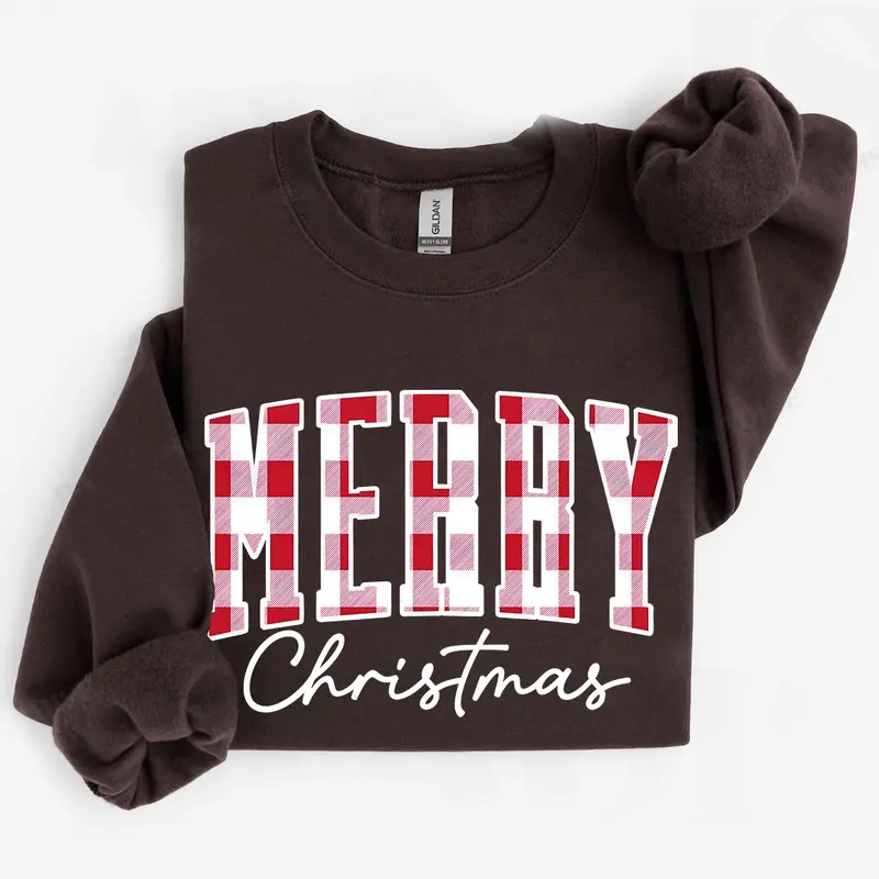 Merry Christmas Sweatshirt, Buffalo Plaid Sweater, Christmas Family crewneck, Xmas Gift Idea, Woman Xmas Shirt, Cute Winter Holiday Sweatshirt