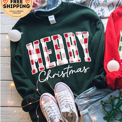Merry Christmas Sweatshirt, Buffalo Plaid Sweater, Christmas Family crewneck, Xmas Gift Idea, Woman Xmas Shirt, Cute Winter Holiday Sweatshirt