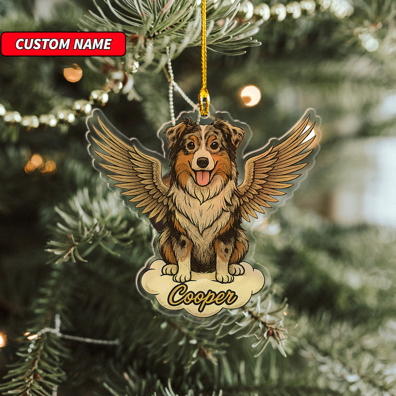 Personalized Australian Shepherd Ornament, Custom Shaped Dog With Angel Wings Ornament, Dog Memorial Ornament, Custom Dog Name Ornament