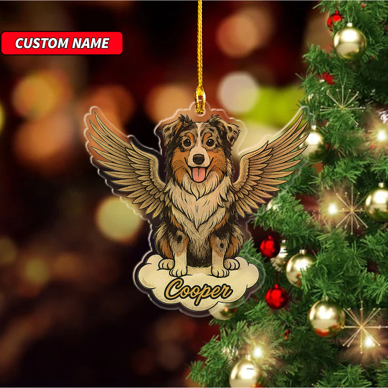 Personalized Australian Shepherd Ornament, Custom Shaped Dog With Angel Wings Ornament, Dog Memorial Ornament, Custom Dog Name Ornament
