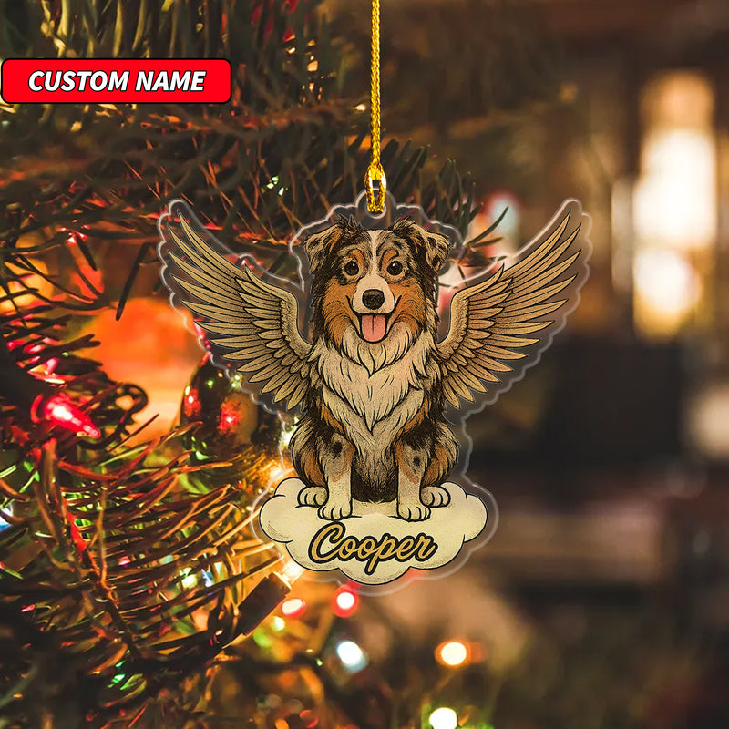Personalized Australian Shepherd Ornament, Custom Shaped Dog With Angel Wings Ornament, Dog Memorial Ornament, Custom Dog Name Ornament