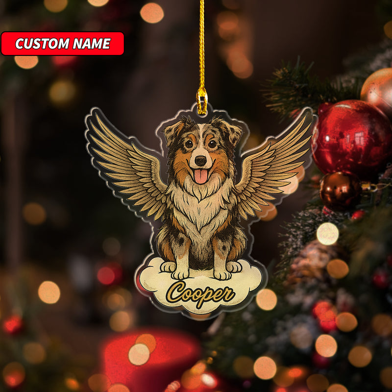 Personalized Australian Shepherd Ornament, Custom Shaped Dog With Angel Wings Ornament, Dog Memorial Ornament, Custom Dog Name Ornament