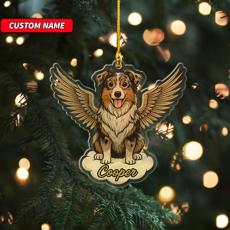 Personalized Australian Shepherd Ornament, Custom Shaped Dog With Angel Wings Ornament, Dog Memorial Ornament, Custom Dog Name Ornament