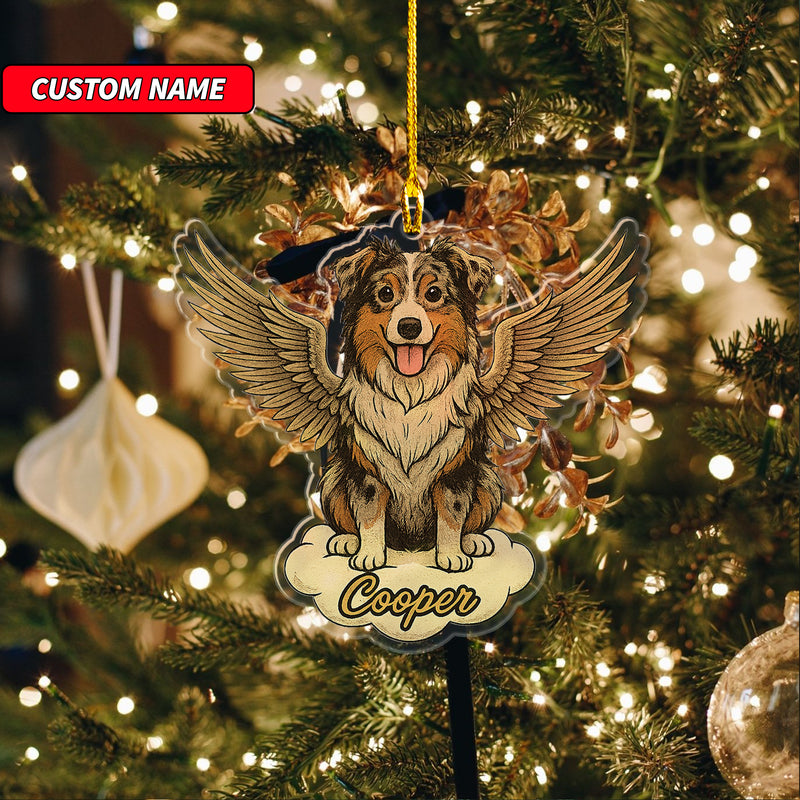 Personalized Australian Shepherd Ornament, Custom Shaped Dog With Angel Wings Ornament, Dog Memorial Ornament, Custom Dog Name Ornament