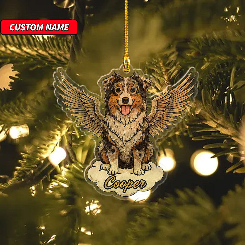 Personalized Australian Shepherd Ornament, Custom Shaped Dog With Angel Wings Ornament, Dog Memorial Ornament, Custom Dog Name Ornament