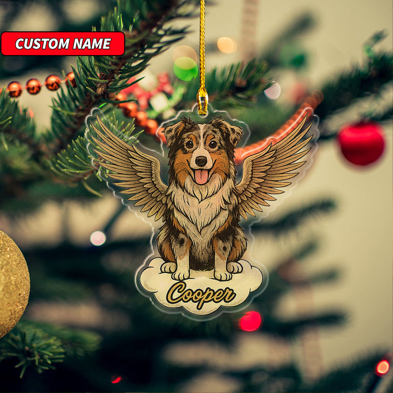 Personalized Australian Shepherd Ornament, Custom Shaped Dog With Angel Wings Ornament, Dog Memorial Ornament, Custom Dog Name Ornament