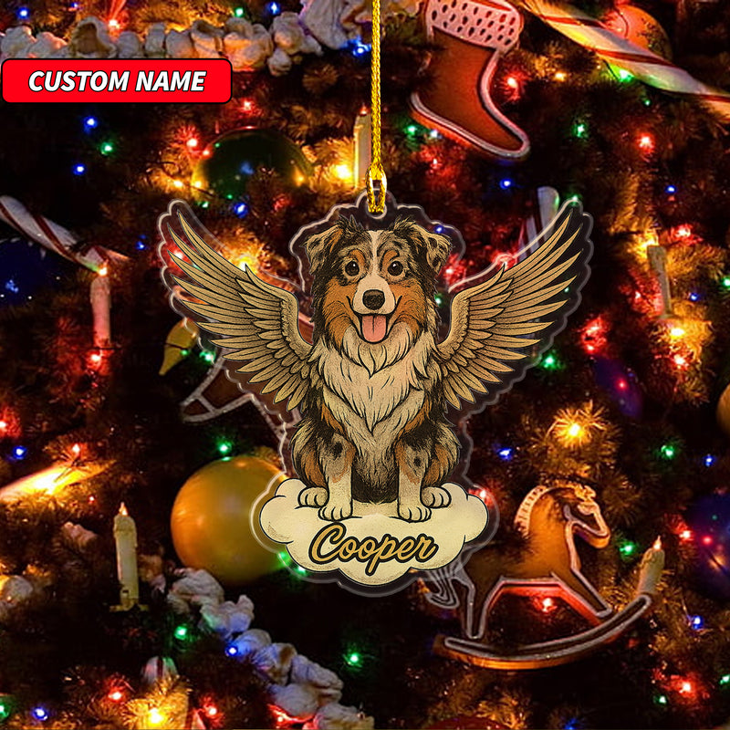 Personalized Australian Shepherd Ornament, Custom Shaped Dog With Angel Wings Ornament, Dog Memorial Ornament, Custom Dog Name Ornament