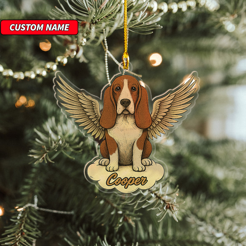 Personalized Basset Hound Ornament, Custom Shaped Dog With Angel Wings Ornament, Dog Memorial Ornament, Custom Dog Name Ornament