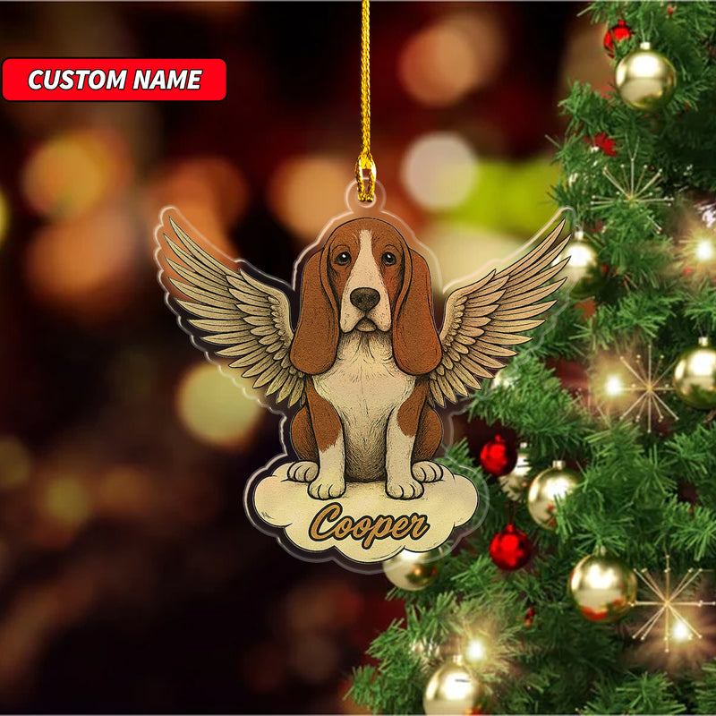 Personalized Basset Hound Ornament, Custom Shaped Dog With Angel Wings Ornament, Dog Memorial Ornament, Custom Dog Name Ornament