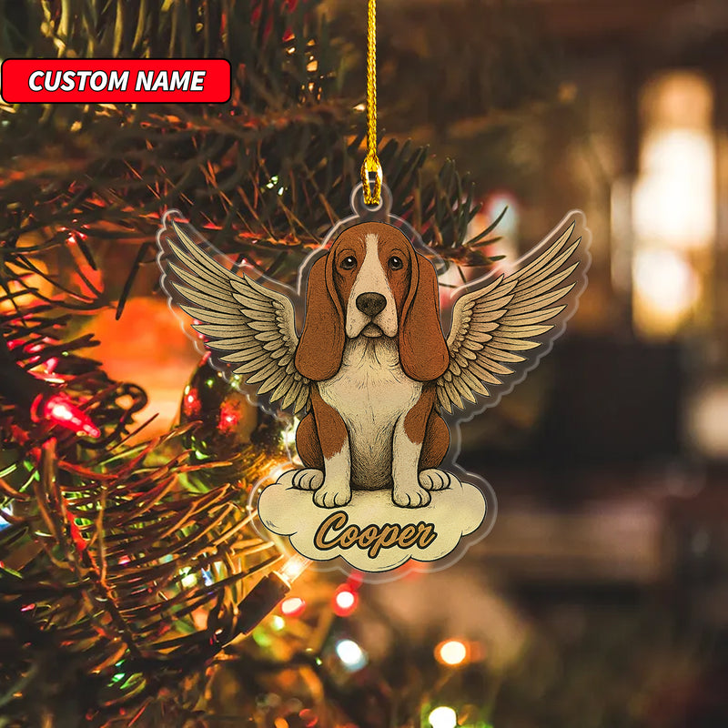 Personalized Basset Hound Ornament, Custom Shaped Dog With Angel Wings Ornament, Dog Memorial Ornament, Custom Dog Name Ornament
