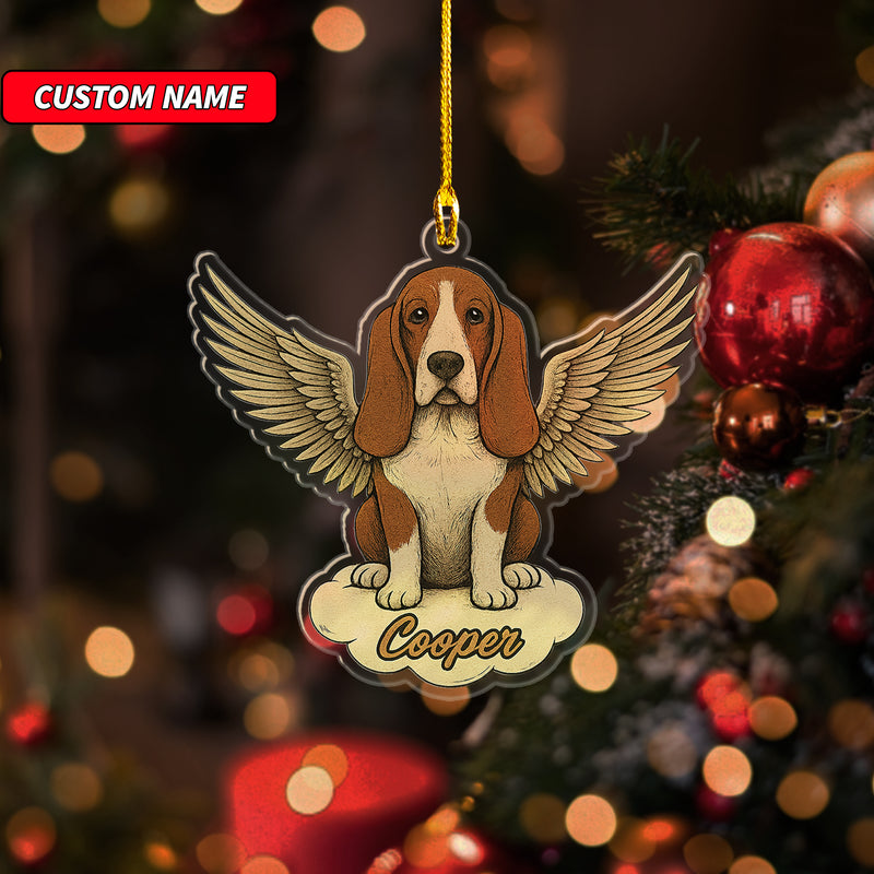 Personalized Basset Hound Ornament, Custom Shaped Dog With Angel Wings Ornament, Dog Memorial Ornament, Custom Dog Name Ornament