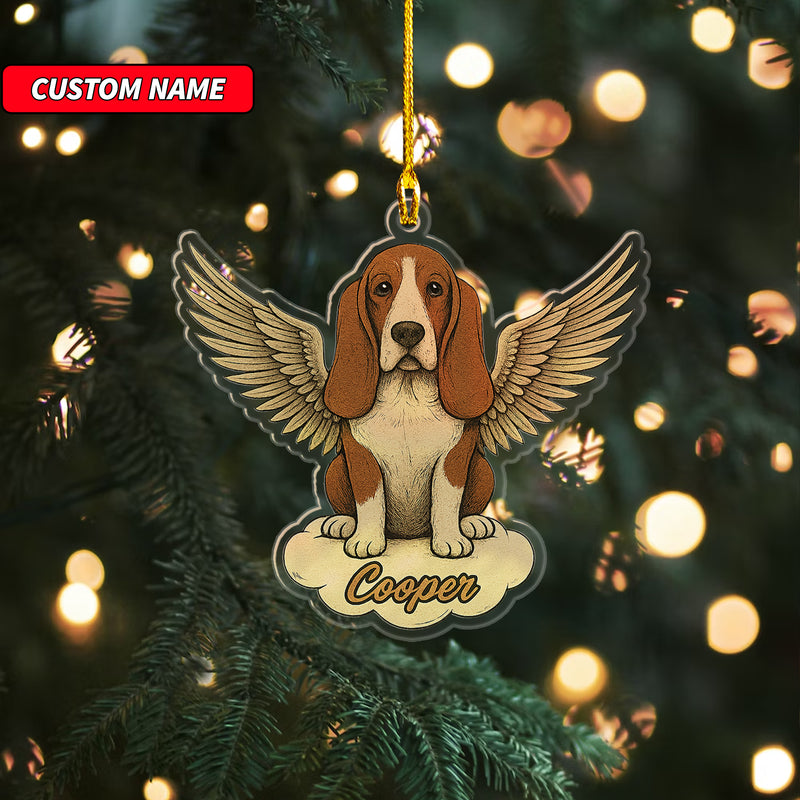 Personalized Basset Hound Ornament, Custom Shaped Dog With Angel Wings Ornament, Dog Memorial Ornament, Custom Dog Name Ornament
