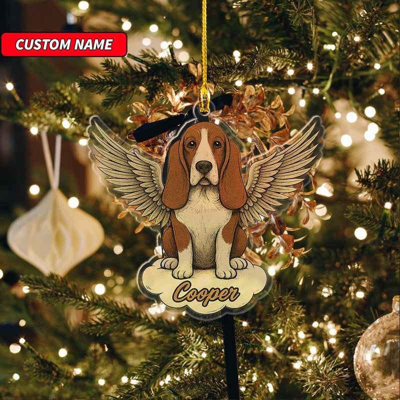 Personalized Basset Hound Ornament, Custom Shaped Dog With Angel Wings Ornament, Dog Memorial Ornament, Custom Dog Name Ornament