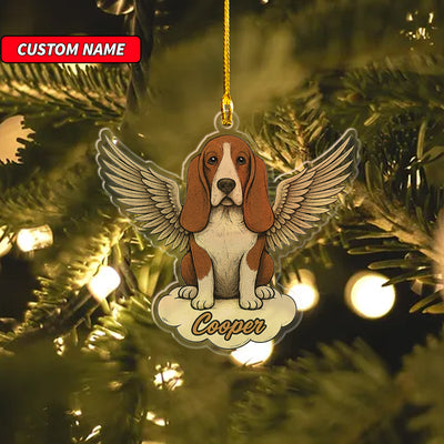 Personalized Basset Hound Ornament, Custom Shaped Dog With Angel Wings Ornament, Dog Memorial Ornament, Custom Dog Name Ornament