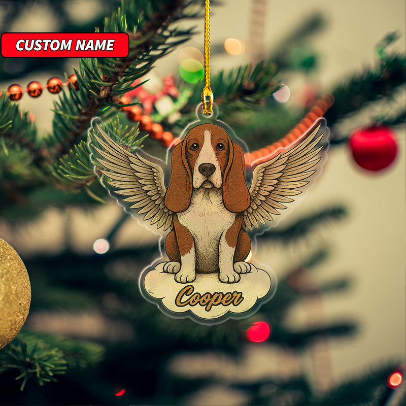 Personalized Basset Hound Ornament, Custom Shaped Dog With Angel Wings Ornament, Dog Memorial Ornament, Custom Dog Name Ornament