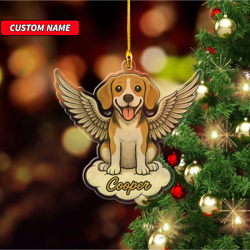 Personalized Beagle Ornament, Custom Shaped Dog With Angel Wings Ornament, Dog Memorial Ornament, Custom Dog Name Ornament