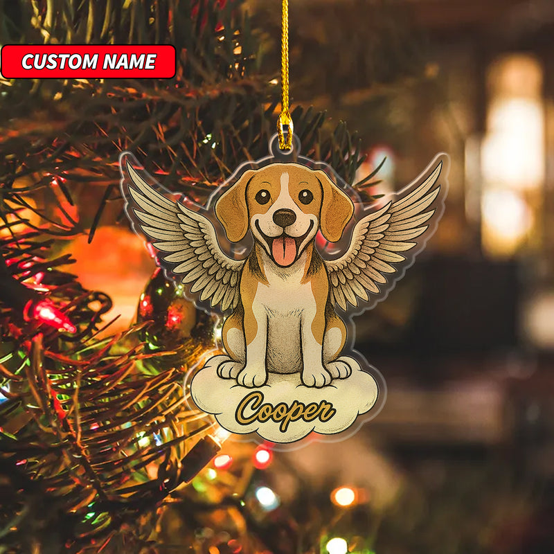 Personalized Beagle Ornament, Custom Shaped Dog With Angel Wings Ornament, Dog Memorial Ornament, Custom Dog Name Ornament