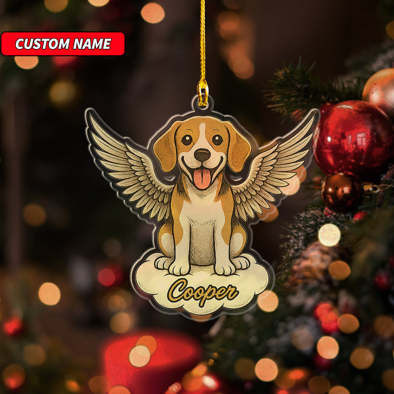 Personalized Beagle Ornament, Custom Shaped Dog With Angel Wings Ornament, Dog Memorial Ornament, Custom Dog Name Ornament