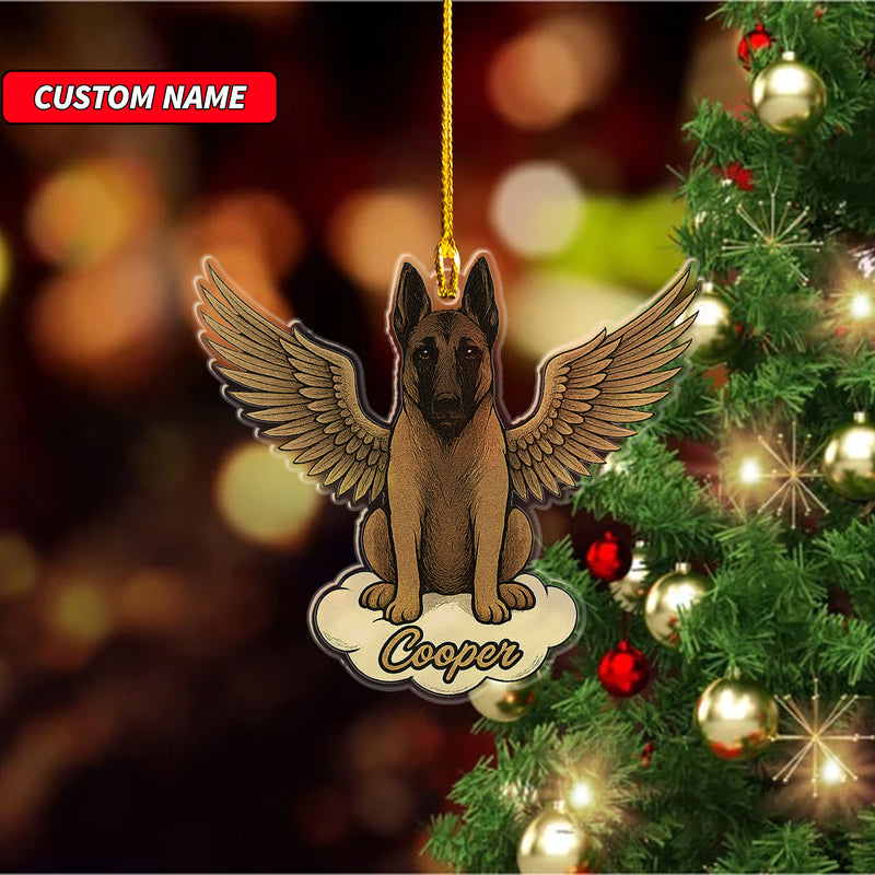 Personalized Belgian Malinois Ornament, Custom Shaped Dog With Angel Wings Ornament, Dog Memorial Ornament, Custom Dog Name Ornament