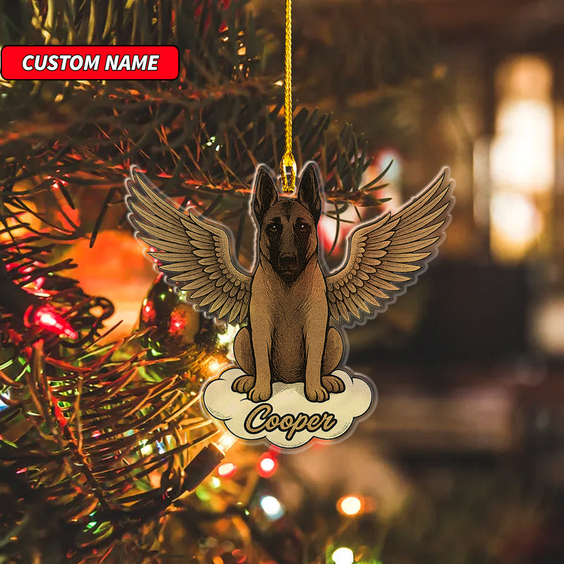 Personalized Belgian Malinois Ornament, Custom Shaped Dog With Angel Wings Ornament, Dog Memorial Ornament, Custom Dog Name Ornament