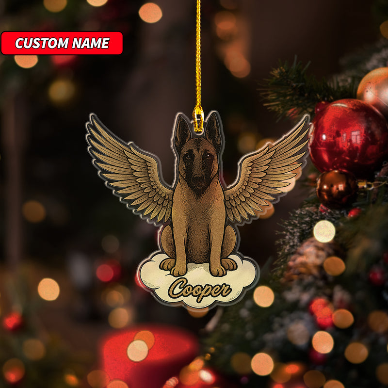 Personalized Belgian Malinois Ornament, Custom Shaped Dog With Angel Wings Ornament, Dog Memorial Ornament, Custom Dog Name Ornament