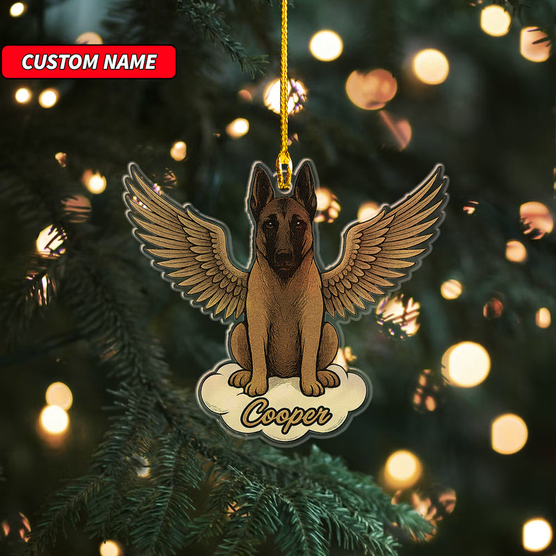 Personalized Belgian Malinois Ornament, Custom Shaped Dog With Angel Wings Ornament, Dog Memorial Ornament, Custom Dog Name Ornament