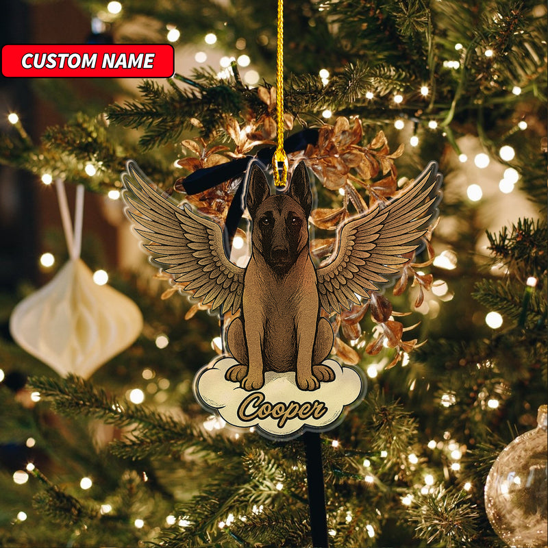 Personalized Belgian Malinois Ornament, Custom Shaped Dog With Angel Wings Ornament, Dog Memorial Ornament, Custom Dog Name Ornament
