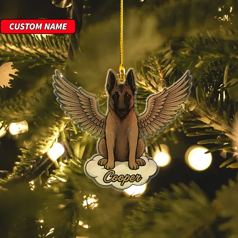 Personalized Belgian Malinois Ornament, Custom Shaped Dog With Angel Wings Ornament, Dog Memorial Ornament, Custom Dog Name Ornament