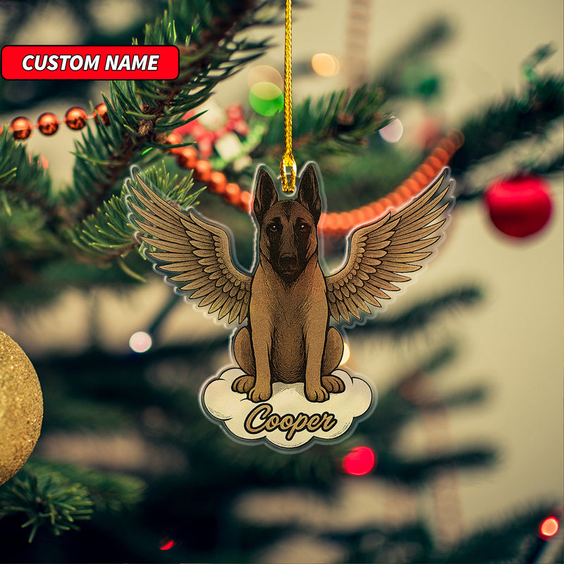 Personalized Belgian Malinois Ornament, Custom Shaped Dog With Angel Wings Ornament, Dog Memorial Ornament, Custom Dog Name Ornament
