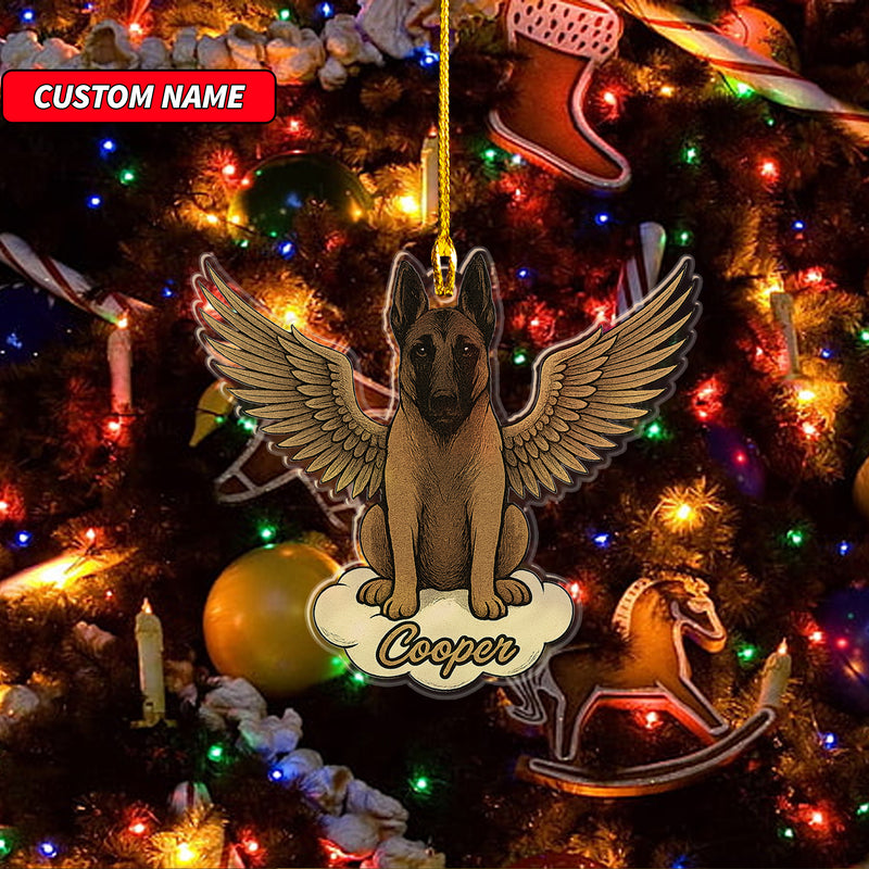 Personalized Belgian Malinois Ornament, Custom Shaped Dog With Angel Wings Ornament, Dog Memorial Ornament, Custom Dog Name Ornament