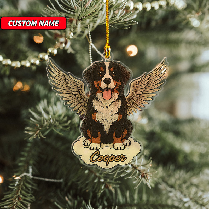 Personalized Bernese Mountain Dog Ornament, Custom Shaped Dog With Angel Wings Ornament, Dog Memorial Ornament, Custom Dog Name Ornament