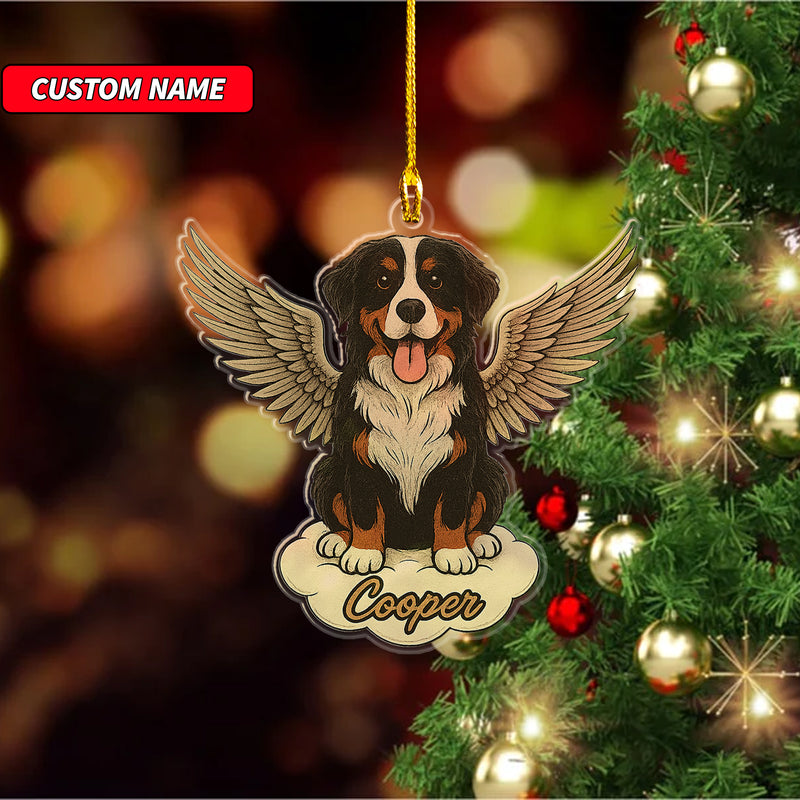 Personalized Bernese Mountain Dog Ornament, Custom Shaped Dog With Angel Wings Ornament, Dog Memorial Ornament, Custom Dog Name Ornament