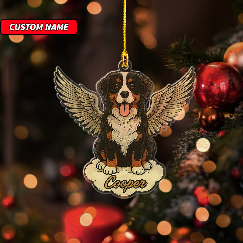 Personalized Bernese Mountain Dog Ornament, Custom Shaped Dog With Angel Wings Ornament, Dog Memorial Ornament, Custom Dog Name Ornament