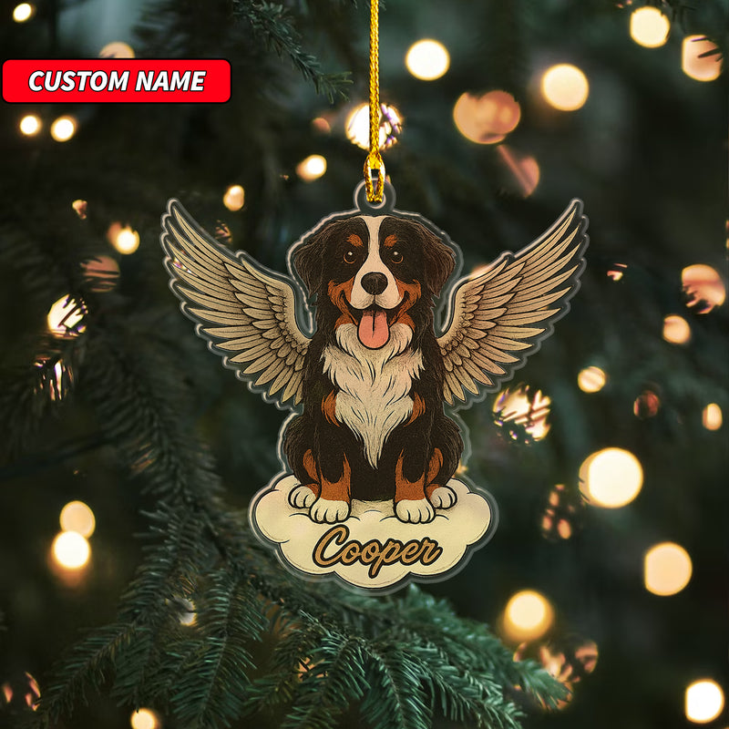 Personalized Bernese Mountain Dog Ornament, Custom Shaped Dog With Angel Wings Ornament, Dog Memorial Ornament, Custom Dog Name Ornament