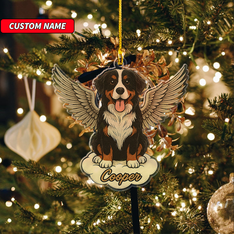 Personalized Bernese Mountain Dog Ornament, Custom Shaped Dog With Angel Wings Ornament, Dog Memorial Ornament, Custom Dog Name Ornament