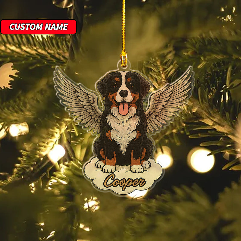 Personalized Bernese Mountain Dog Ornament, Custom Shaped Dog With Angel Wings Ornament, Dog Memorial Ornament, Custom Dog Name Ornament