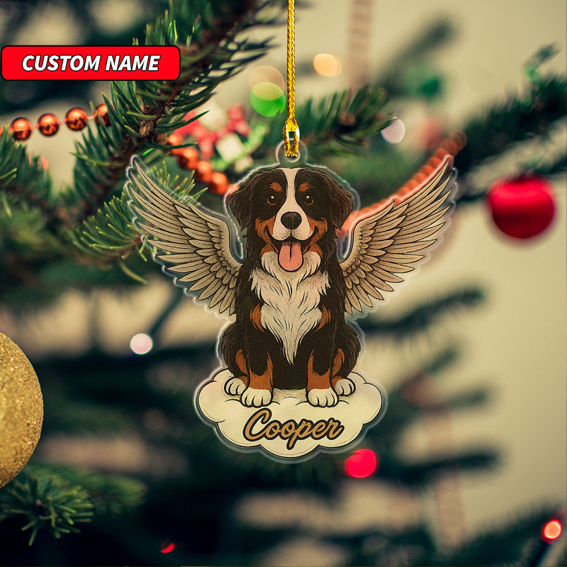 Personalized Bernese Mountain Dog Ornament, Custom Shaped Dog With Angel Wings Ornament, Dog Memorial Ornament, Custom Dog Name Ornament